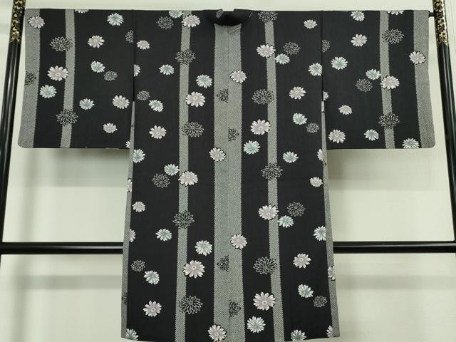 平和屋着物∞極上 長羽織 菊 鹿の子間道 黒地 逸品 DZAB5901kh6