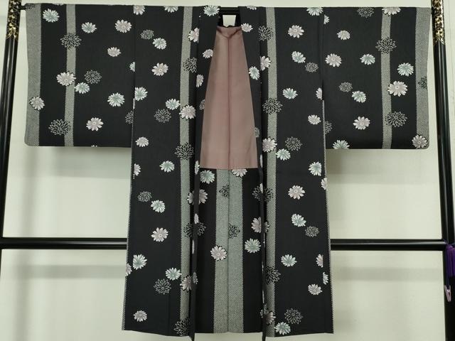 平和屋着物∞極上　長羽織　菊　鹿の子間道　黒地　逸品　DZAB5901kh6