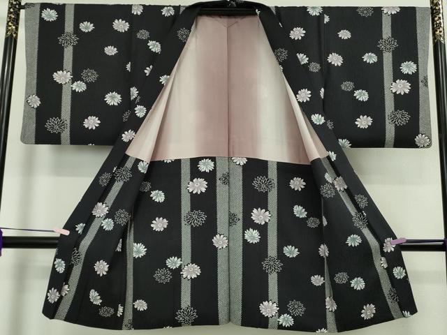 平和屋着物∞極上 長羽織 菊 鹿の子間道 黒地 逸品 DZAB5901kh6