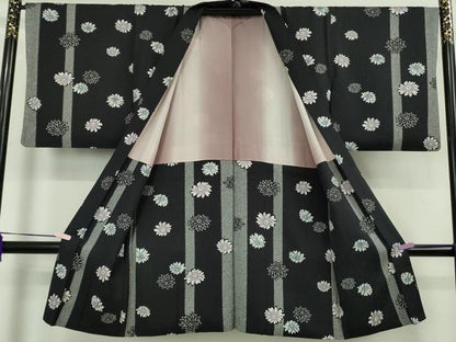 平和屋着物∞極上　長羽織　菊　鹿の子間道　黒地　逸品　DZAB5901kh6