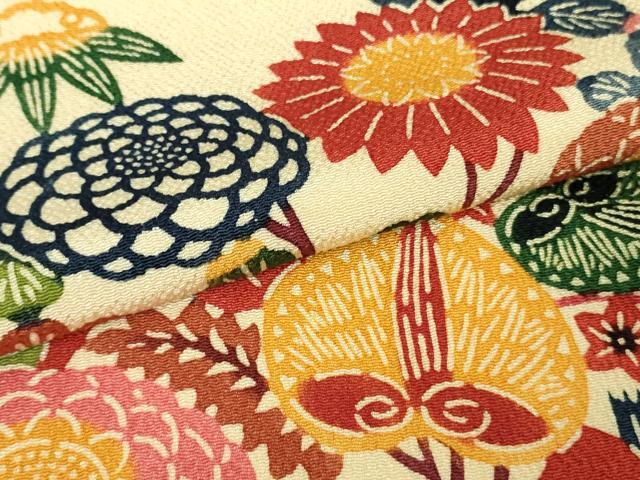 平和屋本店●極上　和染紅型　栗山紅型　栗山吉三郎　振袖　吉祥花文　砥粉色地　鬼しぼ縮緬　逸品　DZAB5903kh6
