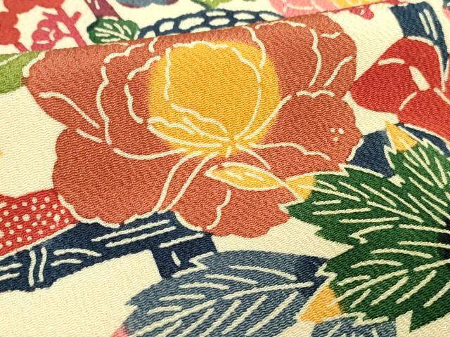 平和屋本店●極上　和染紅型　栗山紅型　栗山吉三郎　振袖　吉祥花文　砥粉色地　鬼しぼ縮緬　逸品　DZAB5903kh6