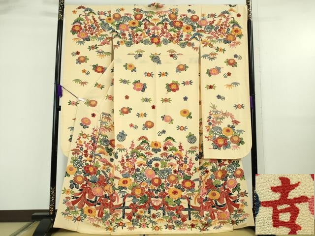 平和屋本店●極上　和染紅型　栗山紅型　栗山吉三郎　振袖　吉祥花文　砥粉色地　鬼しぼ縮緬　逸品　DZAB5903kh6
