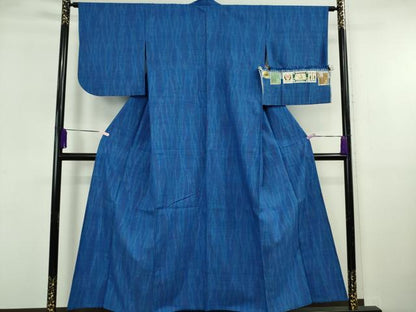 平和屋着物▽極上　本場結城紬　重要無形文化財　単衣　100亀甲　よろけ縞　瑠璃色地　証紙付き　逸品　DZAB5937kh6