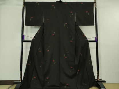平和屋着物●極上　本場大島紬　9マルキ　地空　さくらんぼ　サクランボ　黒地　逸品　未使用　DZAB5939kh6