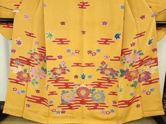 平和屋着物●極上　和染紅型　栗山紅型　栗山吉三郎　振袖　エ霞花文　柑子色地　鬼しぼ縮緬　逸品　未使用　DZAB5942kh6 平和屋着物○極上 和染紅型 栗山紅型 栗山吉三郎 振袖 エ霞花文 柑子色