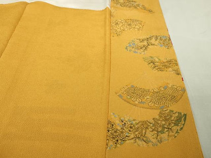 平和屋着物●極上　和染紅型　栗山紅型　栗山吉三郎　振袖　エ霞花文　柑子色地　鬼しぼ縮緬　逸品　未使用　DZAB5942kh6