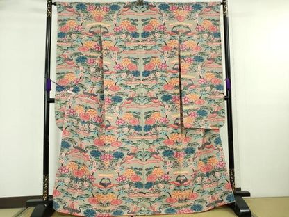平和屋本店●極上　本場琉球紅型　振袖　飛鶴松竹梅　素鼠色地　逸品　DZAB5949kh6