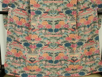 平和屋本店●極上　本場琉球紅型　振袖　飛鶴松竹梅　素鼠色地　逸品　DZAB5949kh6