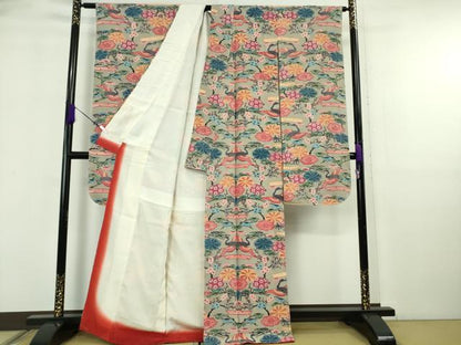平和屋本店●極上　本場琉球紅型　振袖　飛鶴松竹梅　素鼠色地　逸品　DZAB5949kh6