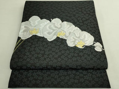 平和屋着物●極上　六通柄袋帯　胡蝶蘭　黒地　金銀糸　逸品　DZAB5957kh6