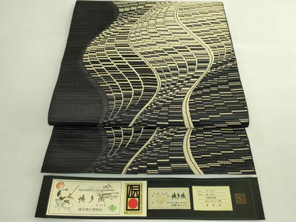 平和屋本店●極上 1897年創業 名門岡野 本場筑前博多織 千年工房 伝統工芸士 山縣浩司 八寸名古屋帯 よろけ間道 証紙付き 逸品 DZAB5967kh6