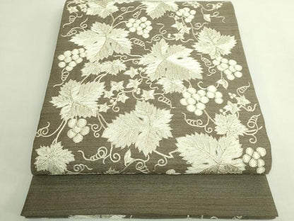 平和屋本店●極上　太鼓柄袋帯　紬地　刺繍　葡萄蔦の葉文　逸品　DZAB5978kh6