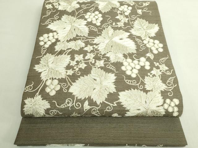 平和屋本店●極上　太鼓柄袋帯　紬地　刺繍　葡萄蔦の葉文　逸品　DZAB5978kh6