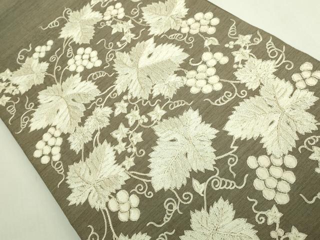 平和屋本店●極上　太鼓柄袋帯　紬地　刺繍　葡萄蔦の葉文　逸品　DZAB5978kh6