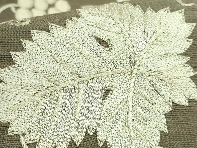 平和屋本店●極上　太鼓柄袋帯　紬地　刺繍　葡萄蔦の葉文　逸品　DZAB5978kh6
