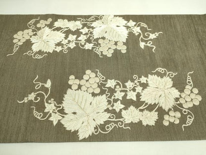 平和屋本店●極上　太鼓柄袋帯　紬地　刺繍　葡萄蔦の葉文　逸品　DZAB5978kh6