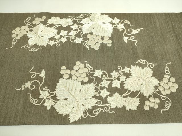 平和屋本店●極上　太鼓柄袋帯　紬地　刺繍　葡萄蔦の葉文　逸品　DZAB5978kh6