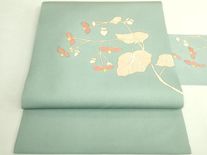 平和屋着物●極上　塩瀬　九寸名古屋帯　駒刺繍　蔦の葉文　青磁鼠色地　金彩　逸品　DZAB5987kh6