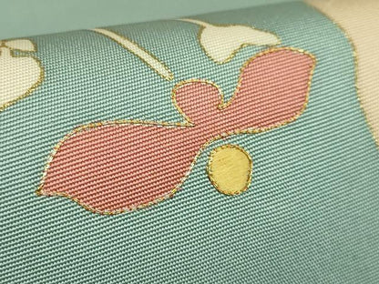 平和屋着物●極上　塩瀬　九寸名古屋帯　駒刺繍　蔦の葉文　青磁鼠色地　金彩　逸品　DZAB5987kh6