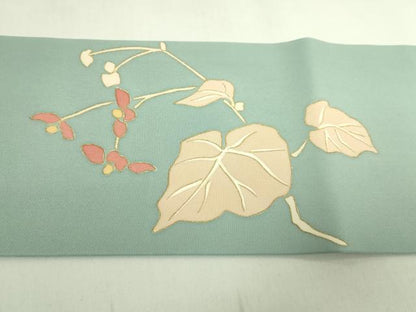 平和屋着物●極上　塩瀬　九寸名古屋帯　駒刺繍　蔦の葉文　青磁鼠色地　金彩　逸品　DZAB5987kh6