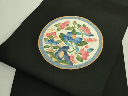 平和屋着物●極上　本加賀友禅作家　押田正義　塩瀬　九寸名古屋帯　枝椿　黒地　逸品　DZAB5993kh6