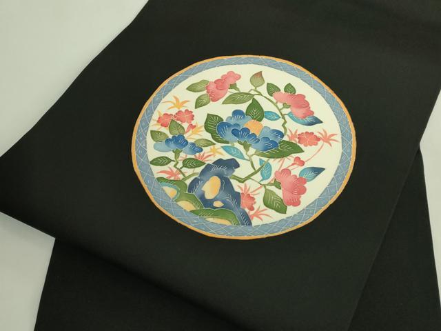 平和屋着物●極上　本加賀友禅作家　押田正義　塩瀬　九寸名古屋帯　枝椿　黒地　逸品　DZAB5993kh6