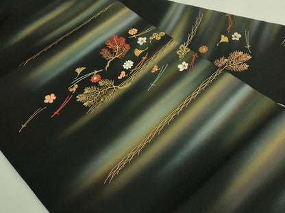平和屋着物●極上　塩瀬　九寸名古屋帯　刺繍　吹き寄せ花文　黒地　金彩　逸品　DZAB5994kh6