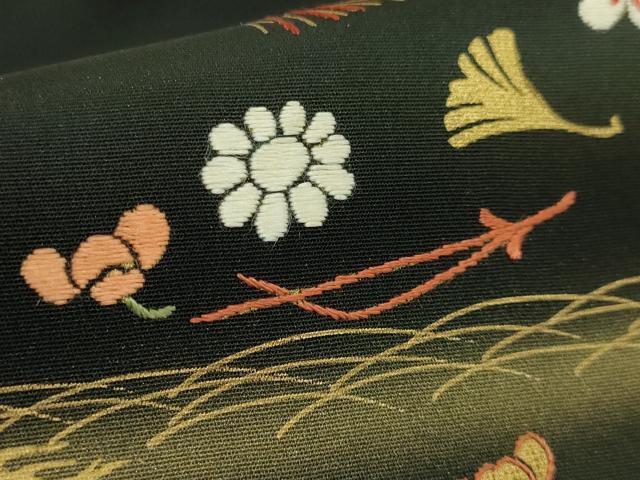 平和屋着物●極上　塩瀬　九寸名古屋帯　刺繍　吹き寄せ花文　黒地　金彩　逸品　DZAB5994kh6