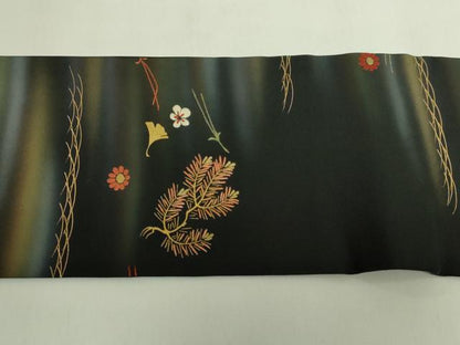 平和屋着物●極上　塩瀬　九寸名古屋帯　刺繍　吹き寄せ花文　黒地　金彩　逸品　DZAB5994kh6