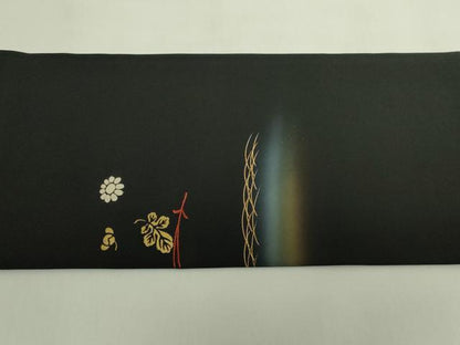 平和屋着物●極上　塩瀬　九寸名古屋帯　刺繍　吹き寄せ花文　黒地　金彩　逸品　DZAB5994kh6