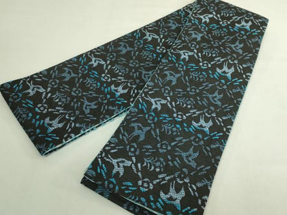 平和屋着物●極上　両面　半幅帯　花鳥文　市松　黒地　逸品　DZAB6002kh6