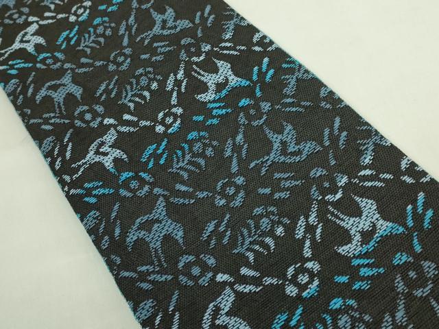 平和屋着物●極上　両面　半幅帯　花鳥文　市松　黒地　逸品　DZAB6002kh6