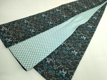 平和屋着物●極上　両面　半幅帯　花鳥文　市松　黒地　逸品　DZAB6002kh6