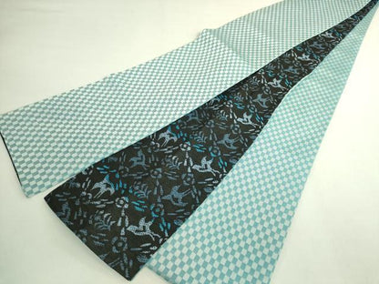 平和屋着物●極上　両面　半幅帯　花鳥文　市松　黒地　逸品　DZAB6002kh6