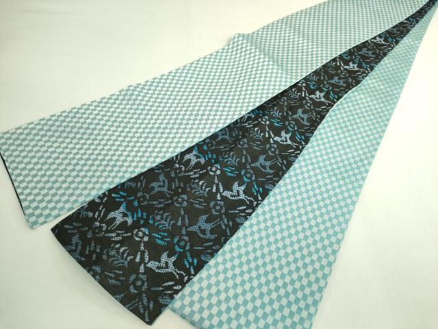 平和屋着物●極上　両面　半幅帯　花鳥文　市松　黒地　逸品　DZAB6002kh6
