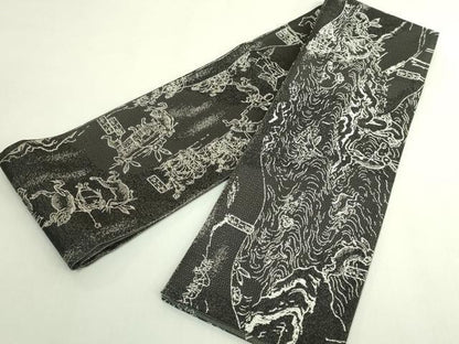 平和屋着物●極上　両面　半幅帯　鳥獣戯画　黒地　逸品　DZAB6007kh6