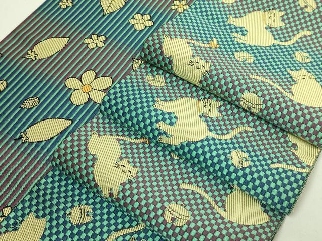 平和屋着物●極上　両面　半幅帯　猫　鈴　舞花文　逸品　DZAB6009kh6
