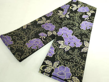 平和屋本店●極上　西陣　木野織物　菱屋善兵衛謹製　半幅帯　花唐草　黒地　反端付き　逸品　DZAB6010kh6