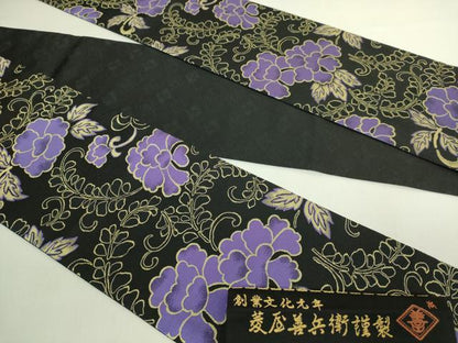 平和屋本店●極上　西陣　木野織物　菱屋善兵衛謹製　半幅帯　花唐草　黒地　反端付き　逸品　DZAB6010kh6