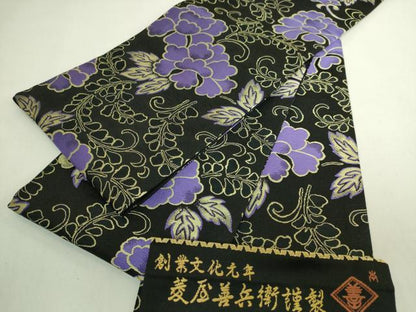 平和屋本店●極上　西陣　木野織物　菱屋善兵衛謹製　半幅帯　花唐草　黒地　反端付き　逸品　DZAB6010kh6