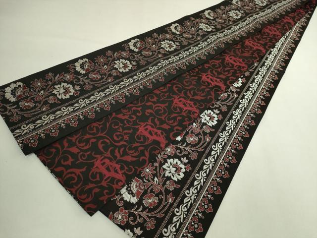 平和屋着物●極上　本場筑前博多織　両面　半幅帯　花唐草　I say　一声　黒地　逸品　DZAB6017kh6