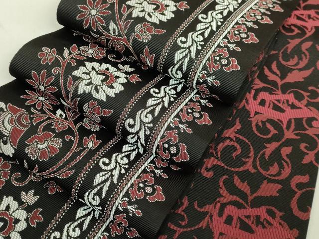 平和屋着物●極上　本場筑前博多織　両面　半幅帯　花唐草　I say　一声　黒地　逸品　DZAB6017kh6