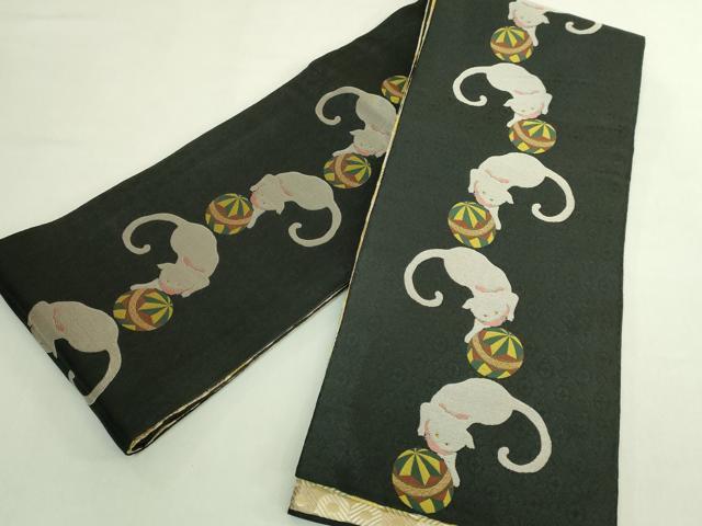 平和屋着物●極上　両面　半幅帯　猫　毬　輪繋ぎ　黒地　逸品　DZAB6020kh6
