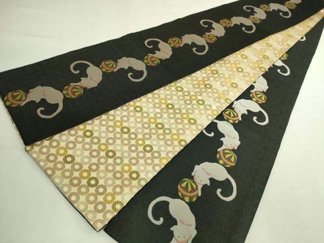 平和屋着物●極上　両面　半幅帯　猫　毬　輪繋ぎ　黒地　逸品　DZAB6020kh6
