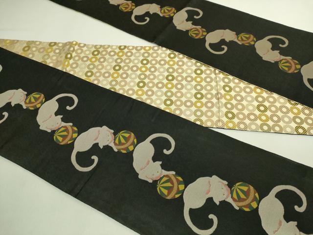 平和屋着物●極上　両面　半幅帯　猫　毬　輪繋ぎ　黒地　逸品　DZAB6020kh6
