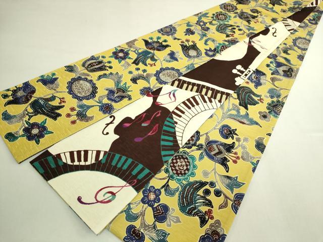 平和屋着物●極上　両面　半幅帯　WAKKA　ワッカ　花鳥文　ピアノ　ヴァイオリン　音符　逸品　DZAB6024kh6