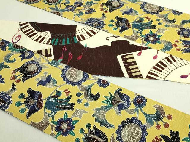 平和屋着物●極上　両面　半幅帯　WAKKA　ワッカ　花鳥文　ピアノ　ヴァイオリン　音符　逸品　DZAB6024kh6