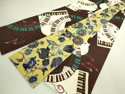 平和屋着物●極上　両面　半幅帯　WAKKA　ワッカ　花鳥文　ピアノ　ヴァイオリン　音符　逸品　DZAB6024kh6