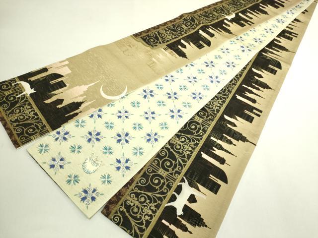 平和屋着物●極上　両面　半幅帯　WAKKA　ワッカ　猫　三日月　網目花文　アーバンキャット　逸品　DZAB6026kh6